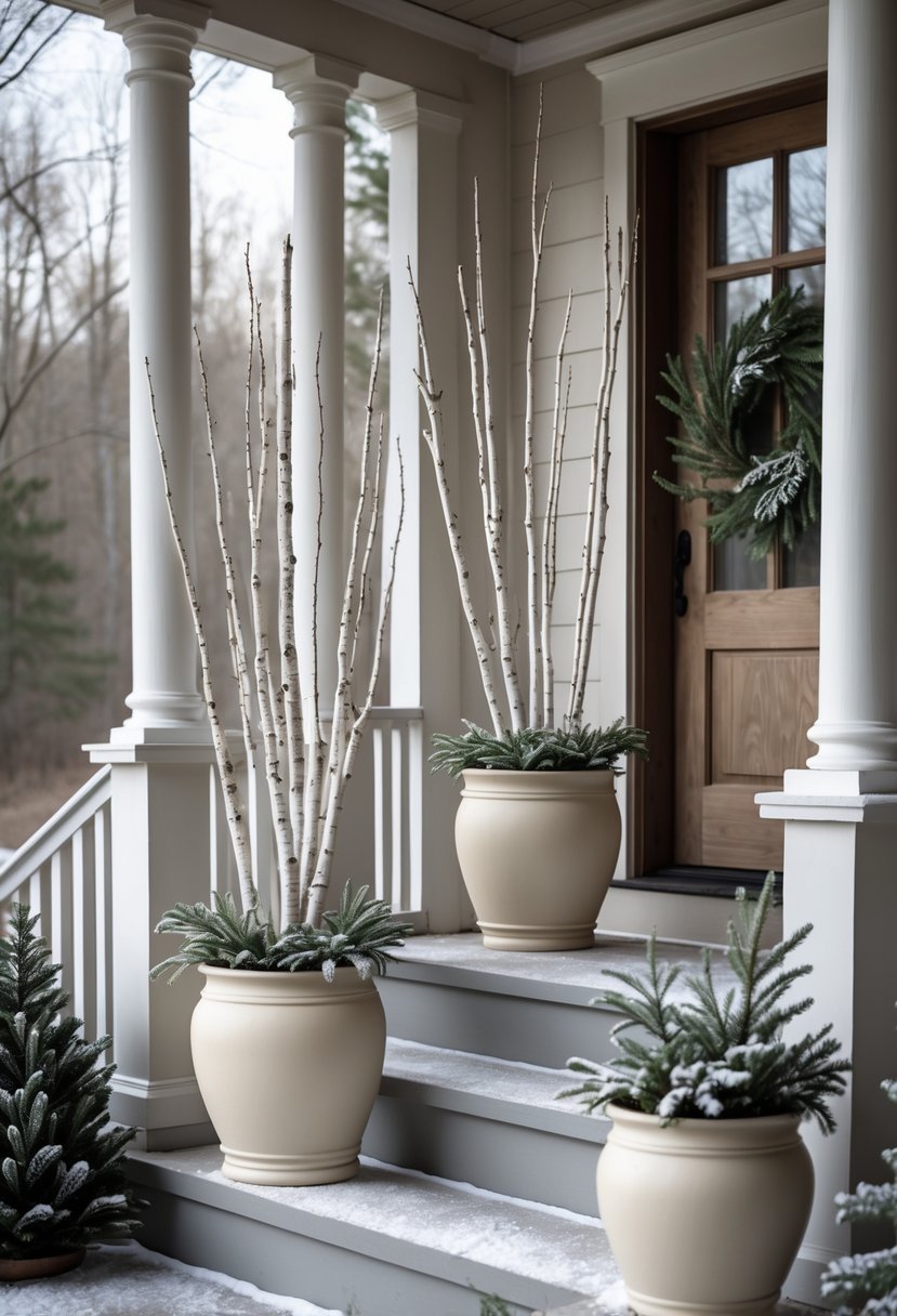 A front porch decorated with neutral-colored planters holding birch branches during winter.